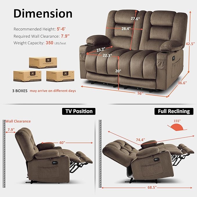 MCombo 55.9" Zero Gravity Power Loveseat Recliner with Heat and Vibration Massage, Reclining Loveseat Sofa with USB Ports, Cup Holders for Living Room, Fabric PR648SET (Dark Brown)