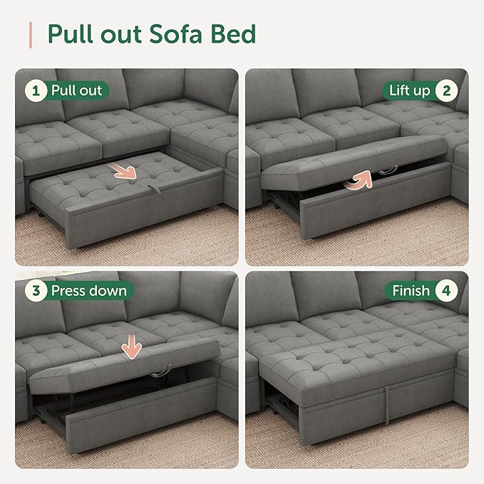 HONBAY Modular Sectional Sleeper Sofa with Pull Out Couch Bed, Convertible Sectional Couches for Living Room,Warm Grey