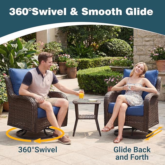 Patio Furniture Set, 5PCS Outdoor Wicker Conversation Set with 6" Thick Cushions, High Back Rattan Sofa & Swivel Rocker Chairs, Weather Resistant Olefin Fabric for Garden, Poolside, Navy Blue