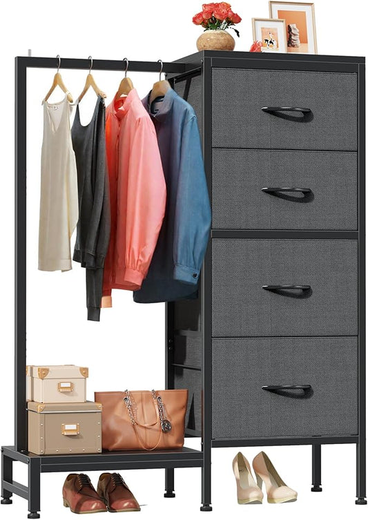 Dresser with Hanging Rack, 4 Drawers Small Closet for Bedroom, Reversible Fabric Kids Chest of Drawers with Clothes Rack, Tall Storage Tower, Sturdy Frame, Grey, 44''H