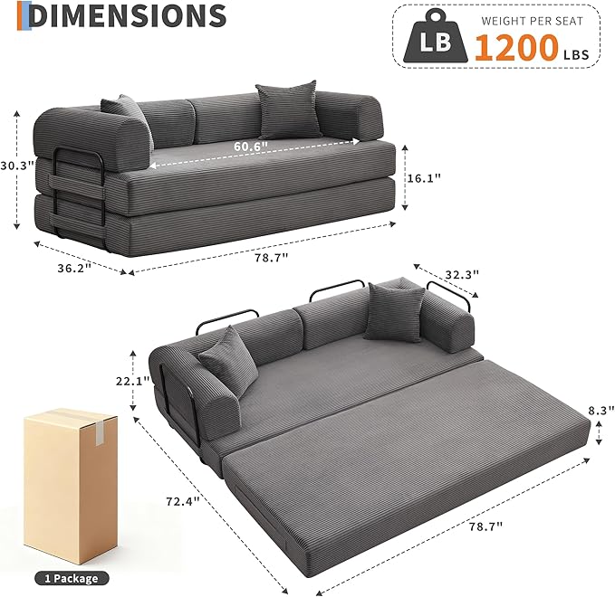 GarveeHome 79" Convertible Sleeper Sofa Bed Couch, 4-in-1 Boneless Corduroy Folding Sofa Bed with Pillow & Fixed-Shape, Floor Mattress Couch Loveseat for Living Room Apartments - No Assembly, Gray
