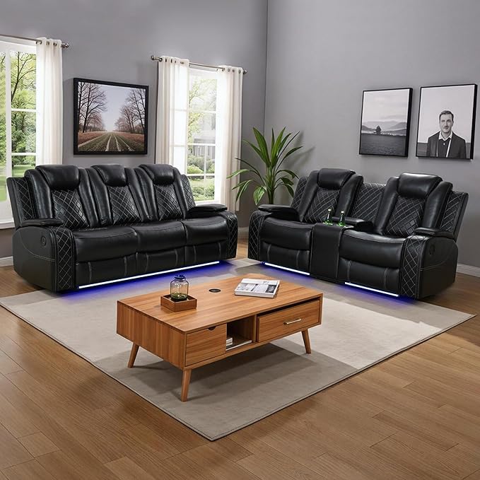 Power Recliner Sofa Sets for Living Room, Leather Recliner Sofa Set with LED Light, Console Storage, Cup Holder for Home Theater Seating(Sofa and Loveseat,Black)