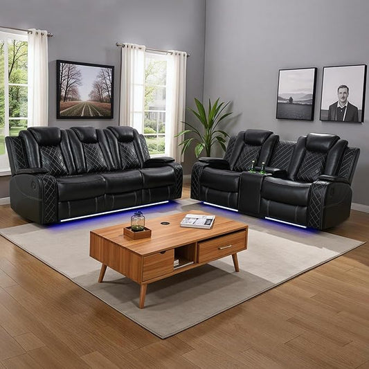 Power Recliner Sofa Sets for Living Room, Leather Recliner Sofa Set with LED Light, Console Storage, Cup Holder for Home Theater Seating(Sofa and Loveseat,Black)