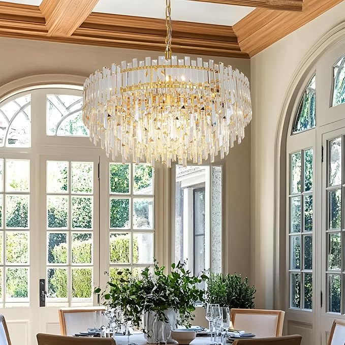 Gold Crystal Chandelier Modern Chandeliers Raindrop Lighting Pendant Lights Fixtures Ceiling for Living Room Dining Rooms Entryway Round Hanging D27.55''