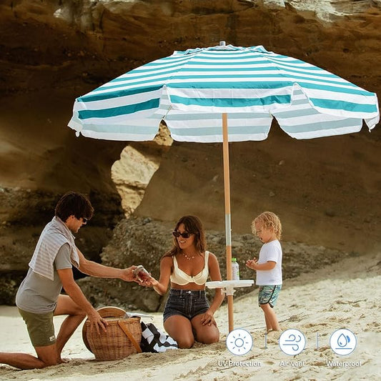 AMMSUN 7.5ft Heavy Duty HIGH Wind Beach Umbrella Commercial Grade Patio Beach Umbrella with Air Vent Ash Wood Pole & Carry Bag Turquoise White