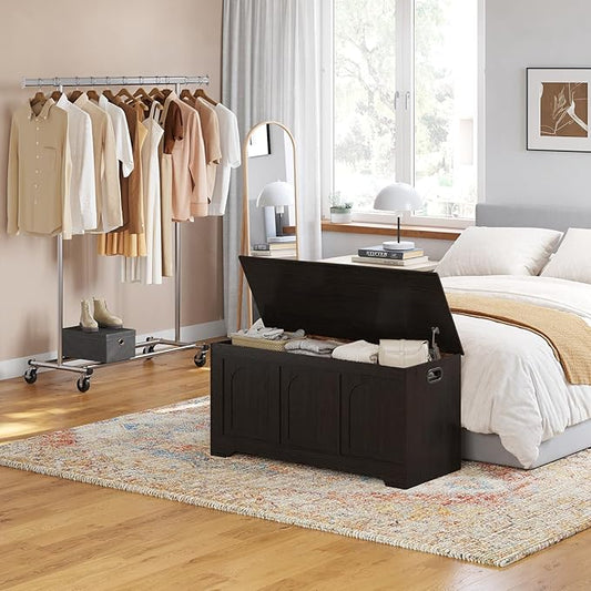 DINZI LVJ Storage Chest, 39.4” Wooden Toy Box with 2 Safety Hinges, Entryway Shoe Bench with Flip-Top, Sturdy Large Storage Trunk for Living Room, Bedroom, Playroom, Easy Assembly, Espresso