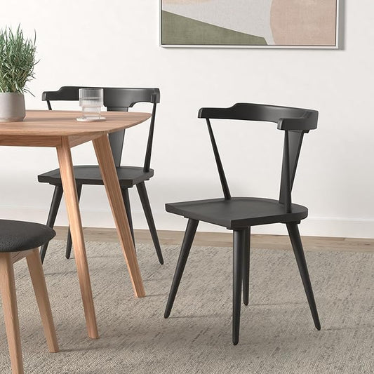 Poly & BARK Mid Century Modern Enzo Black Dining Chair – Solid Oak Wood Splat Back Chair, 18" Seat Height, 32" Tall – Stylish MCM Kitchen & Dining Room Chair - Set of 2