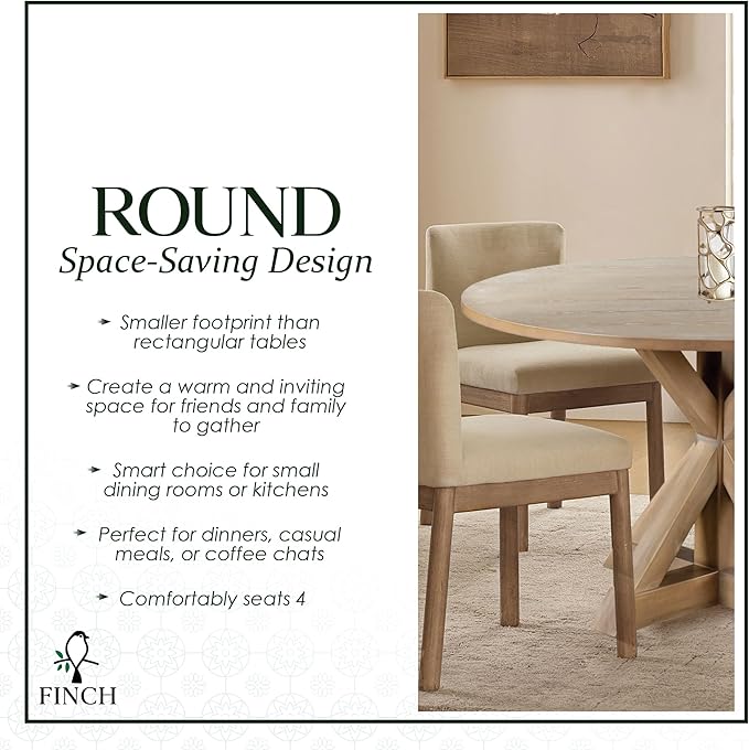 Finch Alfred Round Solid Wood Rustic Dining Table for Farmhouse Kitchen Room Decor, Wooden Trestle Pedestal Base, 46.5" Wide Circular Tabletop, Distressed Beige