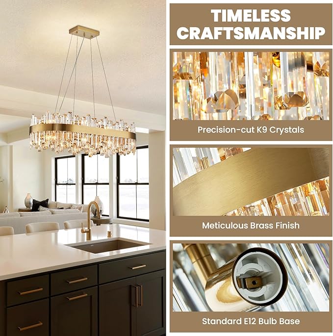 CROSSIO Modern Crystal Chandelier, 16-Light Rectangular Gold Crystal Chandelier for Dining Room, Luxury Oval 2-Tiers K9 Crystal Flush Mount Pendant Ceiling Light for Living Room Kitchen Island L35.4''