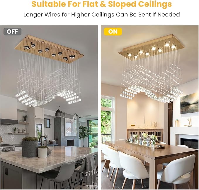 Siljoy Gold Rectangle Crystal Chandelier for Dining Room, 31.5'' Modern Wave Raindrop Crystal Chandelier, 8-Light Luxury Rectangular Pendant Ceiling Light for Living Room Kitchen Island
