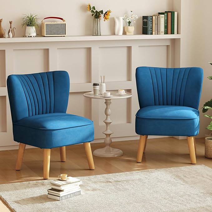 KOMFOTT Velvet Accent Chair, Modern Armless Sofa Chair with Solid Rubber Wood Legs, Wingback Leisure Chair with Thick Cushion, Upholstered Side Chair for Living Room, Bedroom, Blue