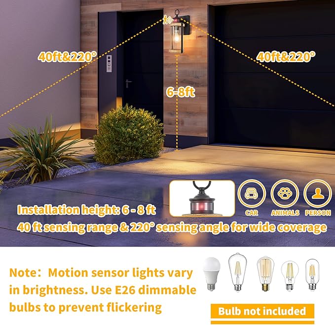 Motion Sensor Outdoor Wall Light Waterproof,Dusk to Dawn Outdoor Lighting,Outdoor Light for House with Seeded Glass,Matte Black & Wood Grain Finish,1 Pack