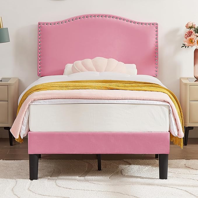 VECELO Twin Bed Frame, Platform Bed Frame with Adjustable Height Upholstered Headboard, Heavy-Duty Frame and Strong Wooden Slats Support, Non-Slip and Noise-Free, Easy Assembly, Pink