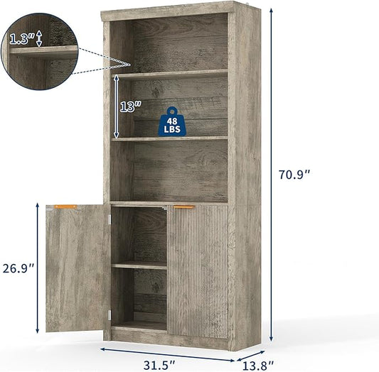 Garvee Tall Book Shelf and Bookcase, Wooden Bookcase with Doors, Modern Book Case with Large Storage Cabinet, 5-Shelf Bookcases with Adjustable top Shelve for Home Office, Living Room, 2 Set Grey
