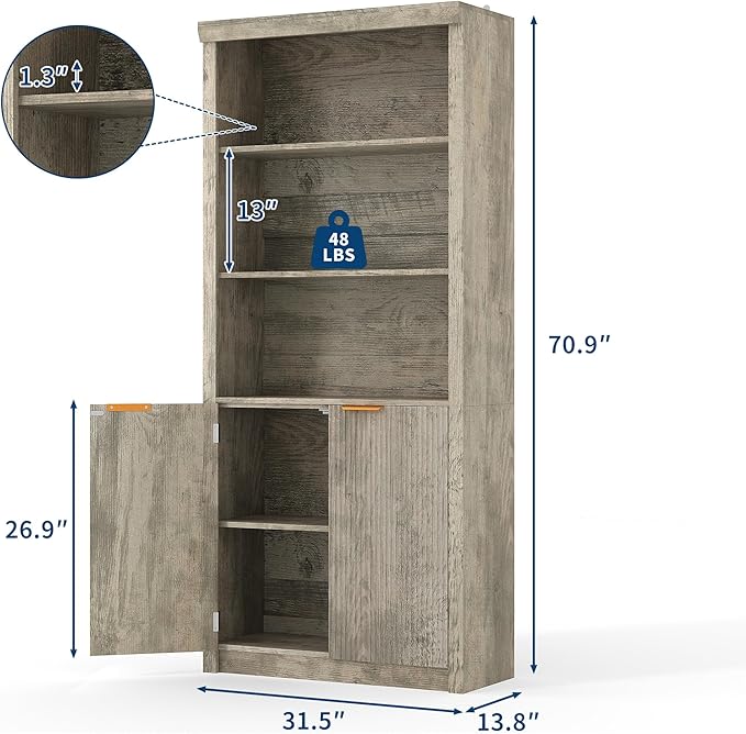 Garvee 71" Tall Bookshelf with Fluted Doors, 5 Tier Bookcase Display Shelves with Storage Cabinet & Adjustable Shelf, Mid-Century Modern Bookshelves for Home Office, Living Room, Grey