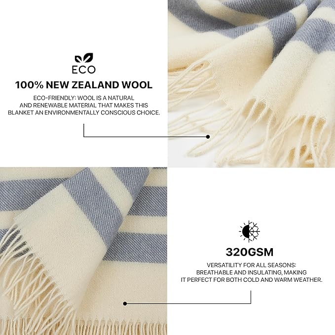 | Wool Blanket/Throw | 100% New Zealand Wool | Perfect for Home and Outdoors | Virgin Wool Blanket with Fringes 55"x79" (140 x 200 cm)