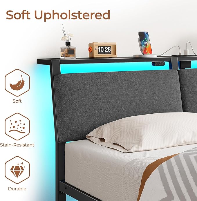 Rolanstar Full Size Bed Frame with Ergonomic Headboard Storage & Charging Station, Upholstered Platform Bed with LED Light & Drawer, Heavy Duty Metal Slats, Noise Free, No Box Spring Needed, Grey