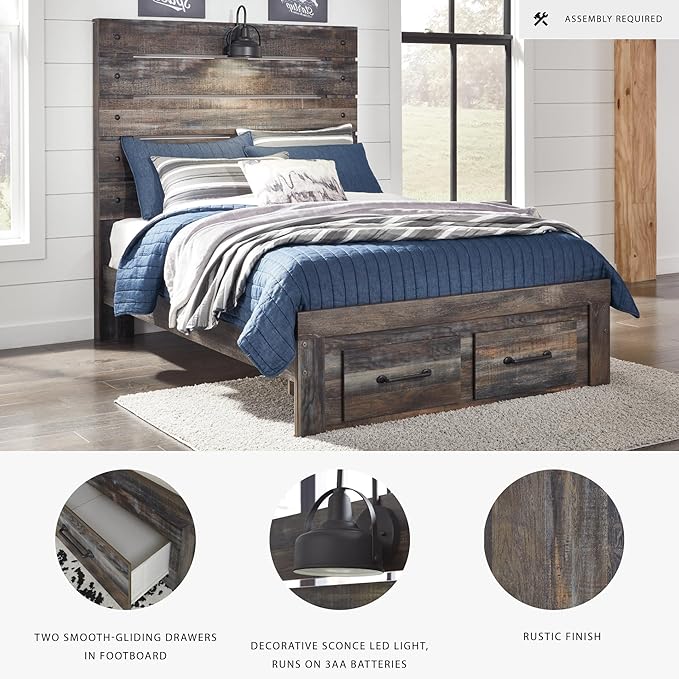 Signature Design by Ashley Drystan Rustic Full Panel Bed with 2 Storage Drawers, Sconce Light and Nailheads, Foundation or Box Spring Needed, Dark Brown & Gray