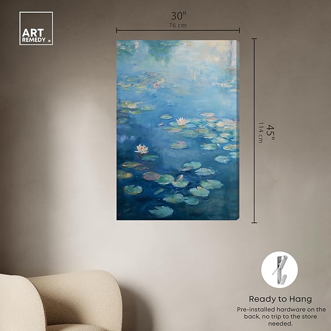 Art Remedy Lilypads In Blues Gallery Wrapped Impressionism 1 Piece Canvas Wall Art/Monet And Van Gogh Inspired Art, 30" x 45", Gallery Wrapped