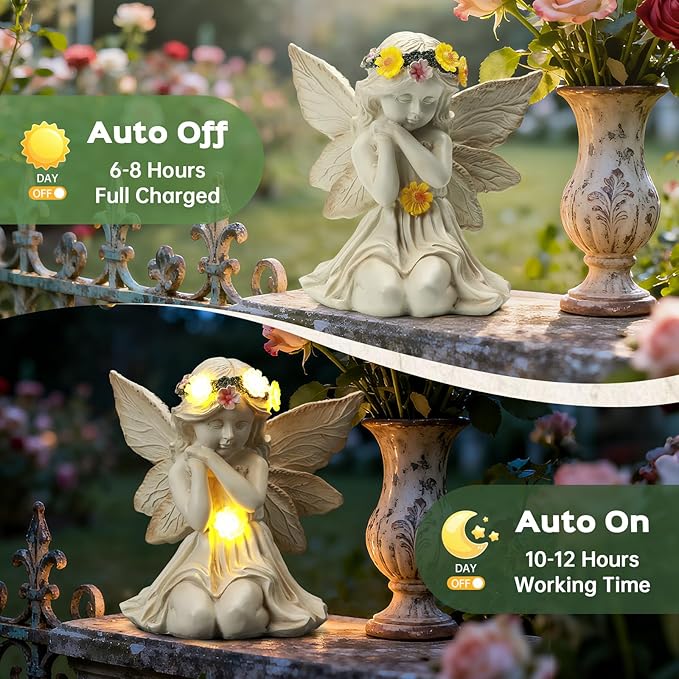 Solar Angel Garden Statue Outdoor Decor, Angel Figurines with LED Light Yard Decorations for Patio, Balcony, Lawn Ornaments, Unique House Warming Birthday Gifts for Women, Mom, Grandma