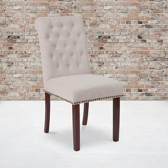 Flash Furniture Set of 2 HERCULES Series Beige Fabric Parsons Chair with Rolled Back, Accent Nail Trim and Walnut Finish