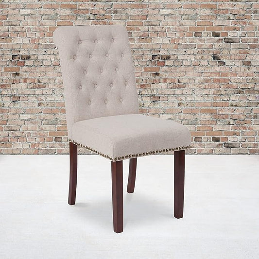 Flash Furniture Set of 2 HERCULES Series Beige Fabric Parsons Chair with Rolled Back, Accent Nail Trim and Walnut Finish