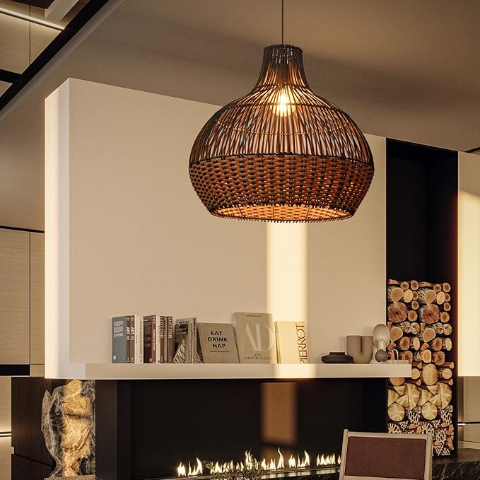 Arturesthome Black Rattan Pendant Lights, Wicker Chandelier Boho Basket Lighting Fixture, Large Natural Woven Hanging Lamp for Kitchen Island Dining Room