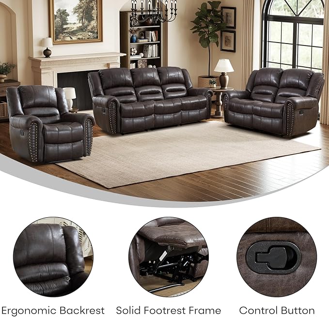 EBELLO Recliner Sofa Furniture Set for Living Room, Faux Leather Recliner Chair, Manual Loveseat, 3 Seat Recliniing Sofa Couch Set Vintage Rivet Mid-Century Design for Living Room, Dark Brown