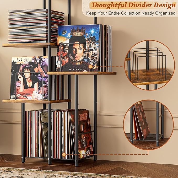 Record Player Stand, Vinyl Record Storage Holder with Display Shelf, Turntable Stand Table with Vinyl Organizer Dividers Album Rack, Vintage Style Record Cabinet Wood, Mid Century Modern Tall Console