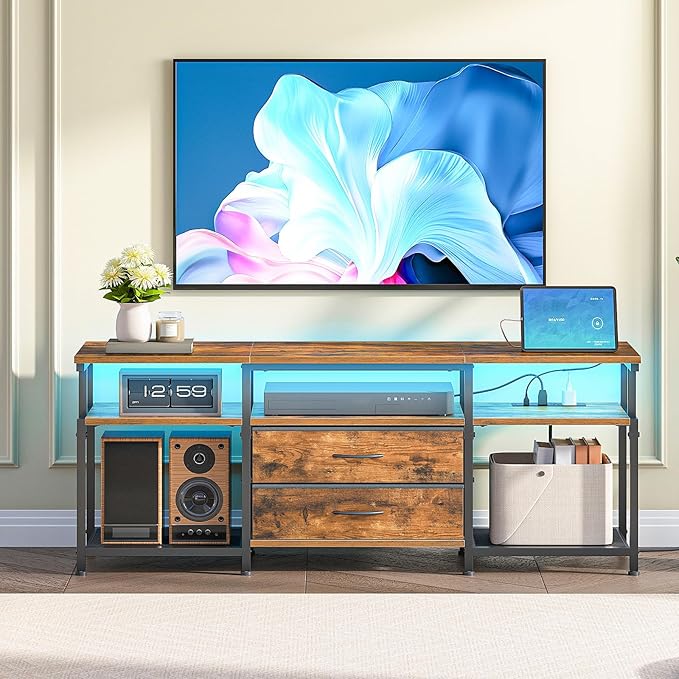 HOOBRO TV Stand with Power Outlet and LED Light, Entertainment Center for TVs Up to 65 Inch, Modern Media Console Table with 2 Non-Woven Drawers, for Living Room, Bedroom, Rustic Brown BF54UDDS01