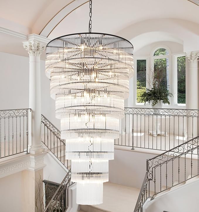 Large Black Chandeliers for High Ceiling H68 7-Tier Glass Chandelier Modern Foyer Entry Lighting Round Light Fixture Ceiling Staircase Villa Living Room Extra Long