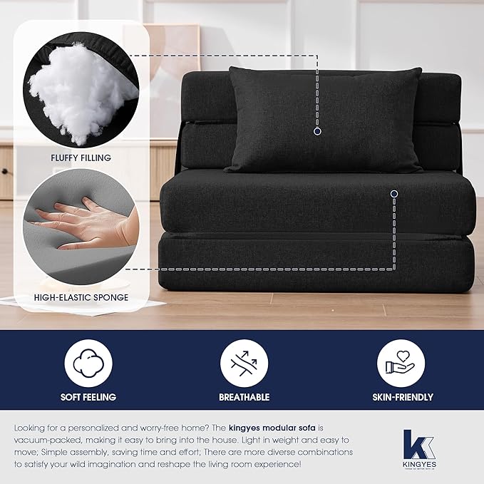 KINGYES 3 in 1 Foldable Chair Bed, Folding Sleeper Chair with Back Cushion, Convertible Chair Bed Sleeper for Adults, Black