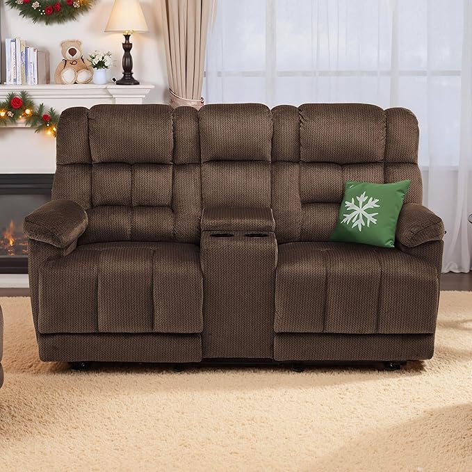 MCombo Zero Gravity Power Loveseat Recliner with Console, Heat and Vibration Massage, Reclining Loveseat Sofa with USB Ports, Cup Holders for Living Room, Fabric RS6234 (Dark Brown)