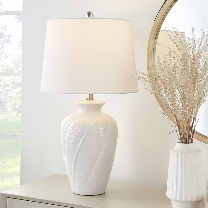 Nourison Home 26" White Glossy Feather Engraved Coastal Farmhouse Table Lamp for Bedroom, Living Room, Dining Entryway