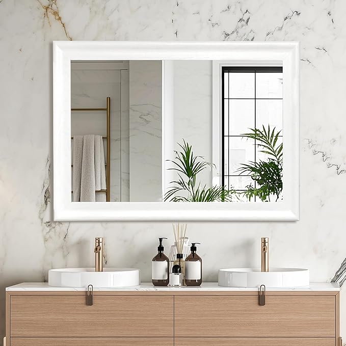 White Wood Mirror for Bathroom,Rectangle Rustic 30 x 40 inch Vanity Mirror for Wall,Wooden Wall-Mounted Hanging Mirror for Entryway,Bedroom or Living Room