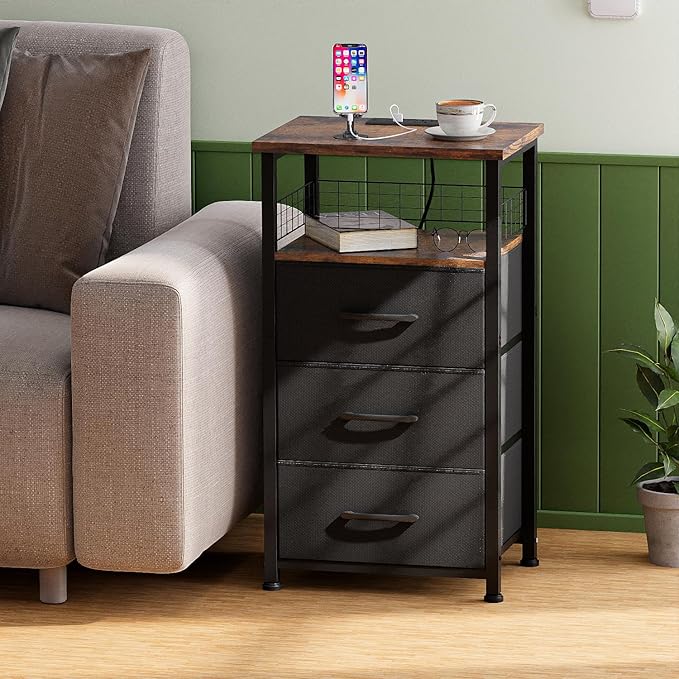 Night Stand Set 2 with Charging Station, End Table Set of 2 with 20 Colors LED Light Strip, 3 Fabric Drawers, Bedside Table with USB Ports and Outlets for Bedroom (Rustic Brown)