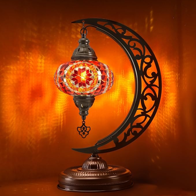 Mozaist Turkish Mosaic Crescent Shape Table Lamp, Moroccan Moon Boho Handmade Desk Light, Farmhouse Rustic Living Room Decorative Lighting, Bedside Nightstand with E12 Socket & US Plug (Orange & Red)