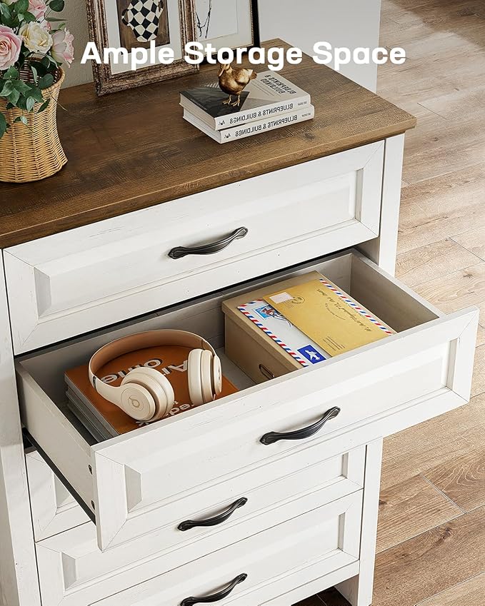 Marsail 5 Drawer Dresser for Bedroom, Modern Farmhouse Wood Wide Chest of Drawers, Storage Dressers Organizer with Anti-Slip Kit for Living Room, Bedroom & Hallway, Wood White