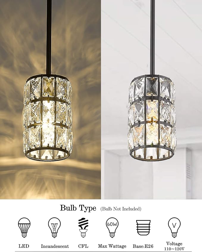 CALDION Farmhouse Crystal Pendant Light, 1-Light Black Pendant Lights Kitchen Island Mini Crystal Chandelier Dining Room Adjustable Hanging Ceiling Light for Bedroom Cloakroom Entryway Hallway Bar