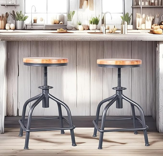Topower Farmhouse Kitchen Stool, Industrial Counter Stool, Kitchen Deco Round Seat Standard Height Adjustable Swivel Bar Stools Indoor House Design Wood Seat Black Set of 2