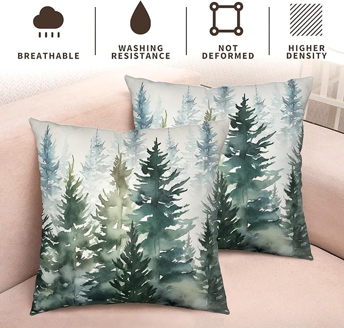Watercolor Green Tree 24x24 Pillow Covers Set of 2 Nature Themed Christmas Decorative Pillow Cases Rustic Forest Pillow Protector Winter Farmhouse Square Cushion Cases for Home Couch Sofa