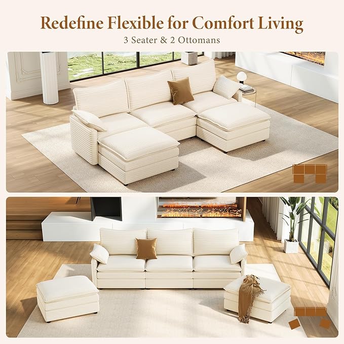 Vesgantti 108" U Shaped Sectional Couch, Comfy Cloud Modular Sectional Sofa with 2 Ottoman Deep Seat Corduroy Modern Cloud Sofa, Modular Sofas for Living Room, Bedroom and Apartment, Beige | Sink-in Comfort, Height Adjustable, Easy Rearrangement, Extra...