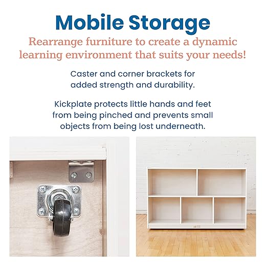 ECR4Kids 5-Compartment Mobile Storage Cabinet, Preschool, Classroom Furniture, White Wash