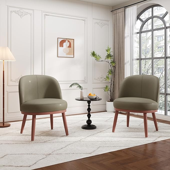 Accent Chair Set of 2, PU Leather Mid-Century Modern Chair for Small Space, Comfy Upholstered Armless Chair, for Living Room, Bedroom, Olive Green