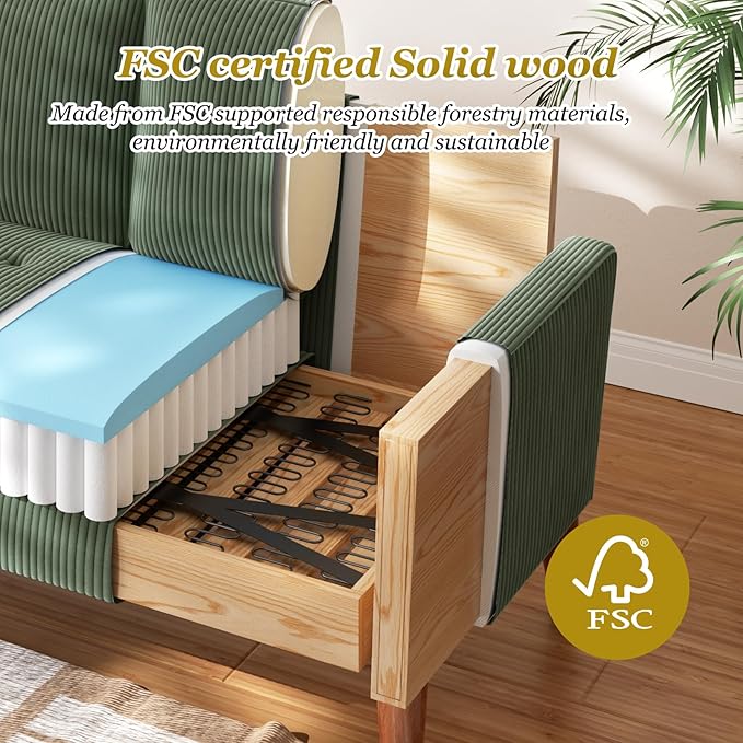 Vesgantti Loveseat Sofa with Solid Wood Legs,48" Small Corduroy Couches for Small Spaces, Mid Century Modern Love Seat for Living Room, Bedroom, Easy Assembly with Throw Pillow, Green
