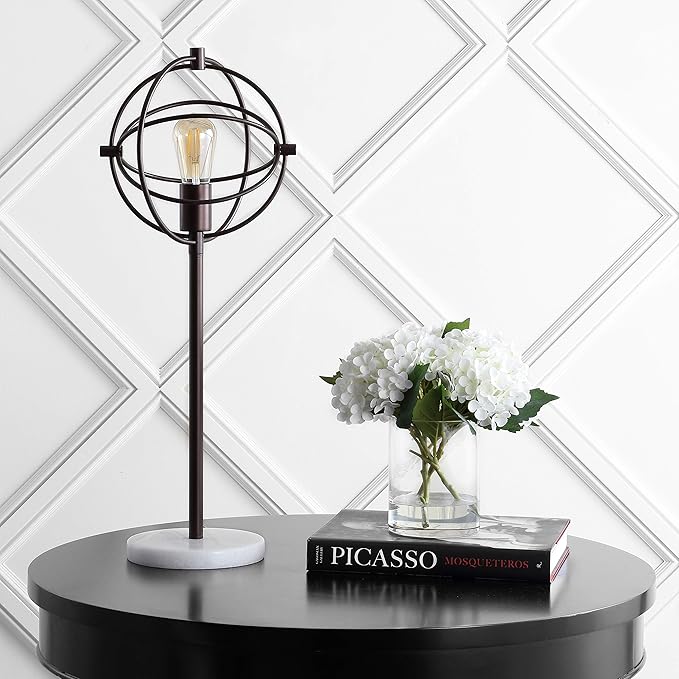 JONATHAN Y 26.5" Oil Rubbed Bronze Atomic Caged LED Table Lamp, Industrial Modern Metal Desk Lamp with White Marble Base for Living Room Bedroom, LED Bulb Included JYL1091A