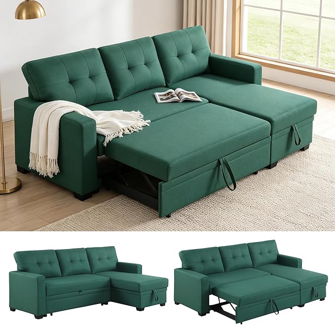 Pull Out Couch, L Shaped Sectional Couch with Pull Out Bed, Convertible Sofa Bed with Storage Chaise, Twin Size Sleeper Sofa, Sofa Bed Couch, Sleeper Sofa with Storage, Green