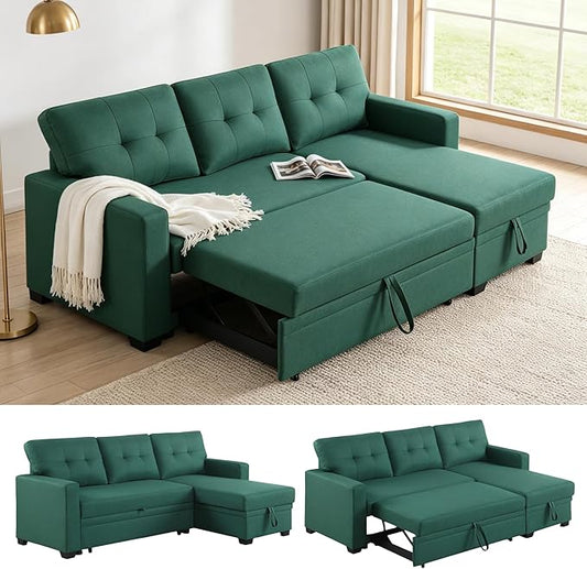 Pull Out Couch, L Shaped Sectional Couch with Pull Out Bed, Convertible Sofa Bed with Storage Chaise, Twin Size Sleeper Sofa, Sofa Bed Couch, Sleeper Sofa with Storage, Green