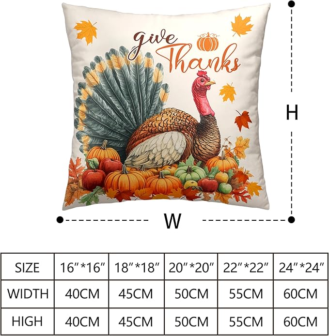 Set of 2 Thanksgiving Throw Pillow Covers 16x16 Turkey with Autumn Pumpkin Pillow Covers Fall Harvest Pillow Case Square Cushion Case for Living Room Couch