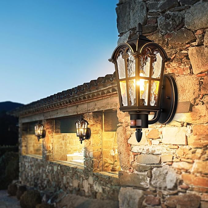 2-Pack Motion Sensor Outdoor Wall Lights, Dusk to Dawn Porch Lights Wall Mount, Exterior Light Fixtures Sconces Lighting, Black with Gold Trim Wall Lanterns Outside Lights for House Garage Front Door